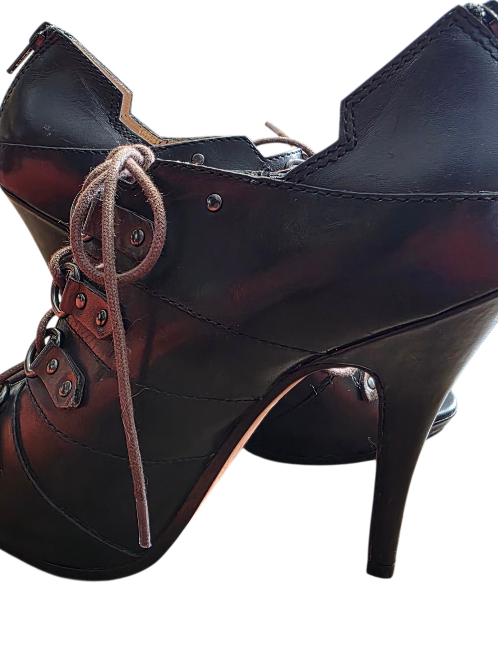 Black Leather Lace-Up Peep Toe High-Heel Booties - Picture 2 of 7